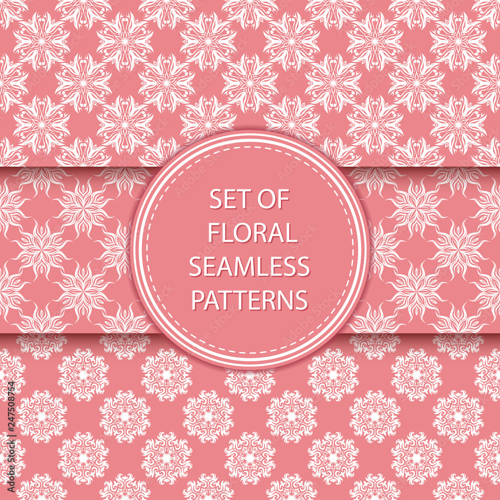 Floral seamless patterns compilation. White designs on pink backgrounds Floral seamless patterns compilation. White designs on pink backgrounds