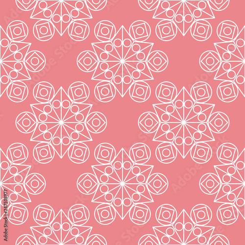  Geometric mixed shape seamless pattern. Pink and white background