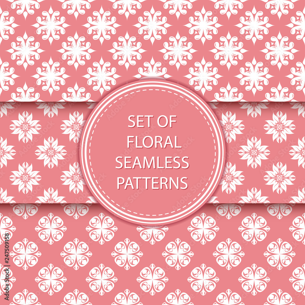 Pink and white floral seamless patterns. Compilation of designs with flowers Pink and white floral seamless patterns. Compilation of designs with flowers
