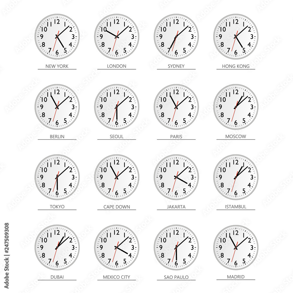 World time. Watch. Time zones Vector flat illustration. Stock Vector