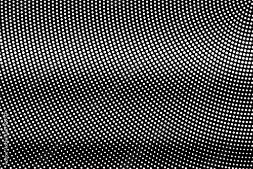 White dots on black background. Radial rough halftone vector texture. Horizontal dotwork gradient.