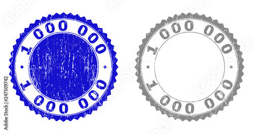 1000000 stamp seals with grunge texture in blue and gray colors isolated on white background. Vector rubber overlay of 1000000 label inside round rosette. Stamp seals with retro styles.