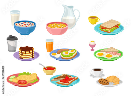 Flat vector set of food and drink icons. Tasty breakfast. Appetizing morning meal. Nutrition theme