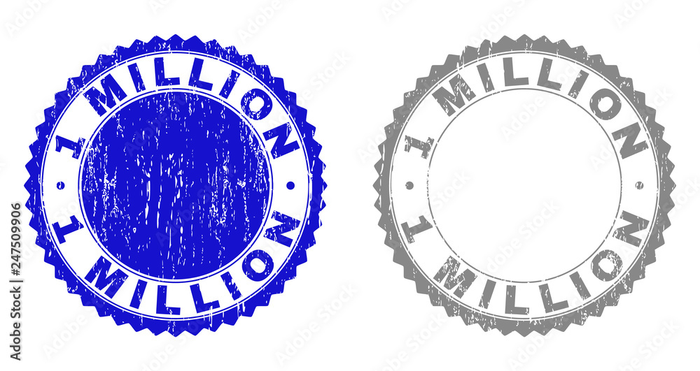 1 MILLION stamp seals with distress texture in blue and grey colors isolated on white background. Vector rubber overlay of 1 MILLION label inside round rosette. Stamp seals with scratched textures. 1 MILLION stamp seals with distress texture in blue and grey colors isolated on white background. Vector rubber overlay of 1 MILLION label inside round rosette. Stamp seals with scratched textures.