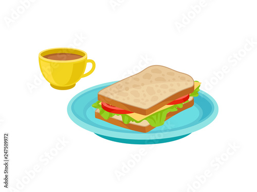 Tasty sandwich on blue plate and fresh coffee in yellow cup. Delicious food. Traditional breakfast. Flat vector design