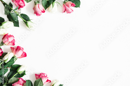 Flowers composition. Pink and white rose flowers on white background. Valentines day, mothers day, womens day concept. Flat lay, top view, copy space