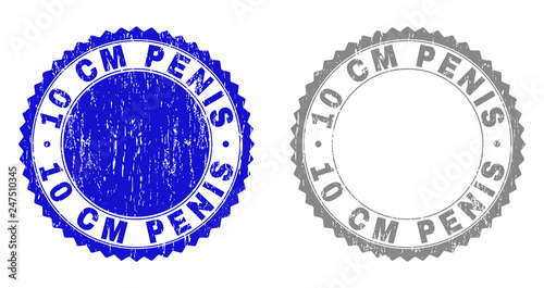 10 CM PENIS stamp seals with grunge texture in blue and grey colors isolated on white background. Vector rubber watermark of 10 CM PENIS text inside round rosette. Stamp seals with scratched textures.