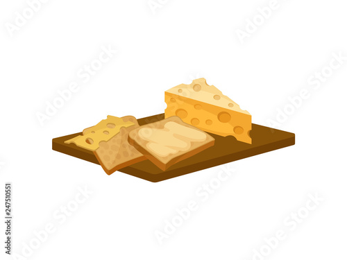 Two slices of toast bread with butter and cheese on wooden cutting board. Food for breakfast. Flat vector design