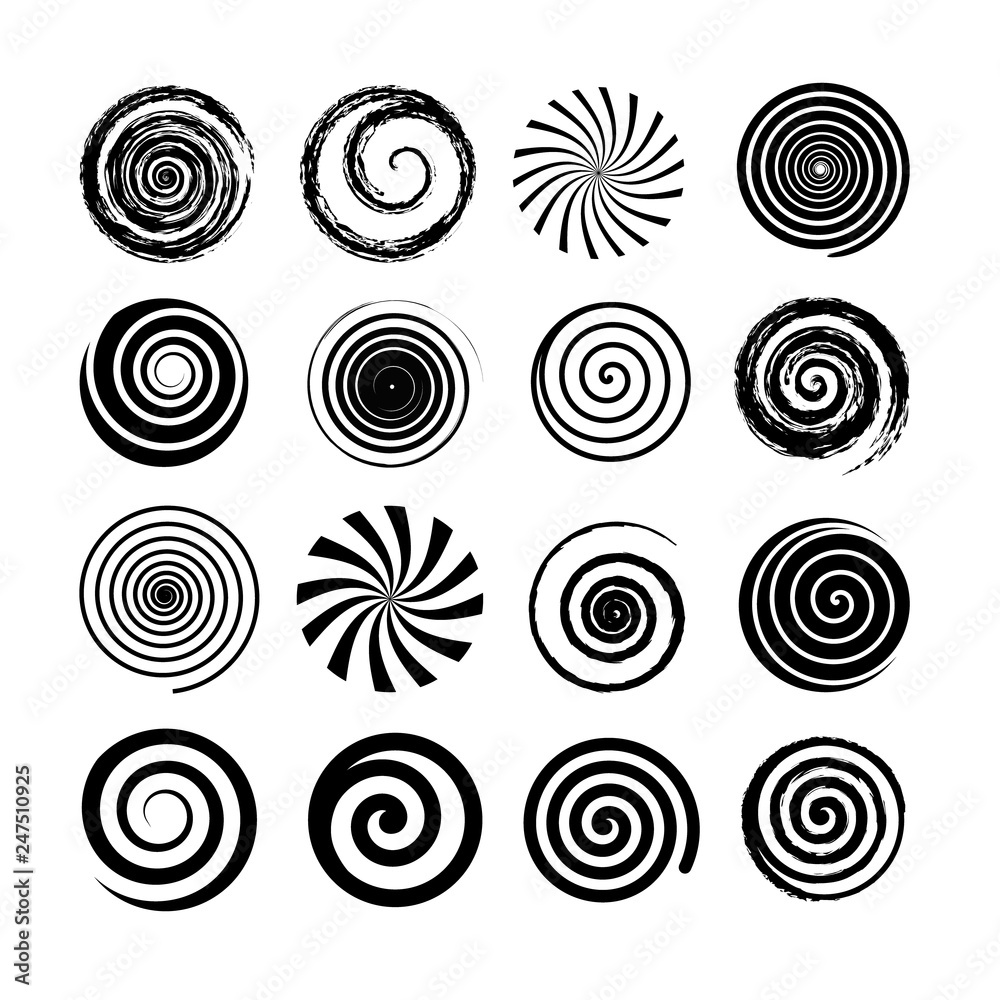 Set of spiral and swirl motion elements. Black isolated objects, icons. Different brush textures, vector illustrations. - obrazy, fototapety, plakaty 