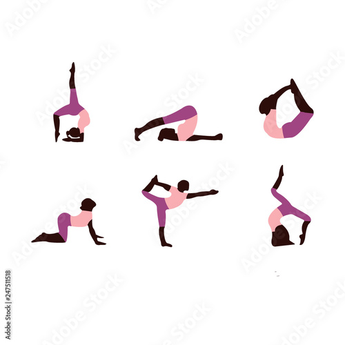 Icons of woman in different upturned yoga poses for flexible, strong and relaxed spine. Set of colored yoga silhouettes isolated on white background.