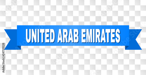 UNITED ARAB EMIRATES text on a ribbon. Designed with white caption and blue tape. Vector banner with UNITED ARAB EMIRATES tag on a transparent background.