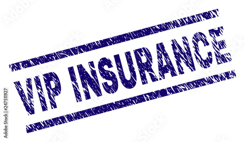 VIP INSURANCE seal print with scratced style. Blue vector rubber print of VIP INSURANCE text with retro texture. Text label is placed between parallel lines.