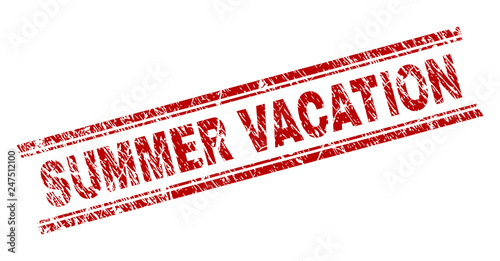 SUMMER VACATION seal watermark with distress texture. Red vector rubber print of SUMMER VACATION caption with unclean texture. Text caption is placed between double parallel lines.