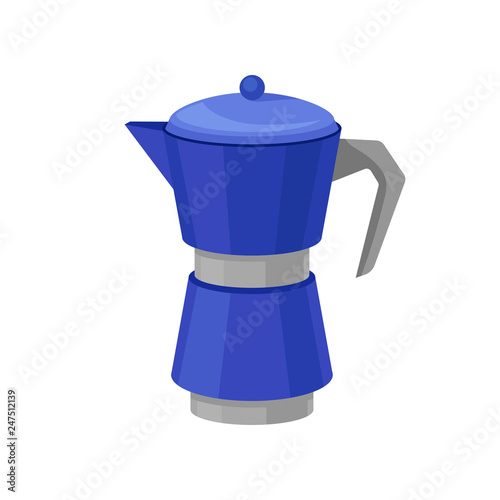 Flat vector icon of blue metal moka pot for brewing coffee. Coffee maker. Kitchen object