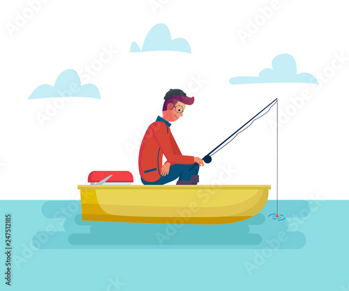 Fisher man holding fishing rod in the boat on lake or sea, season fishing. Vector cartoon male illustration