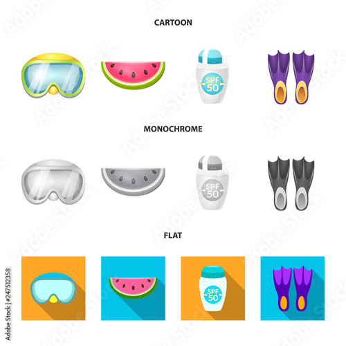 Vector illustration of equipment and swimming symbol. Set of equipment and activity vector icon for stock.