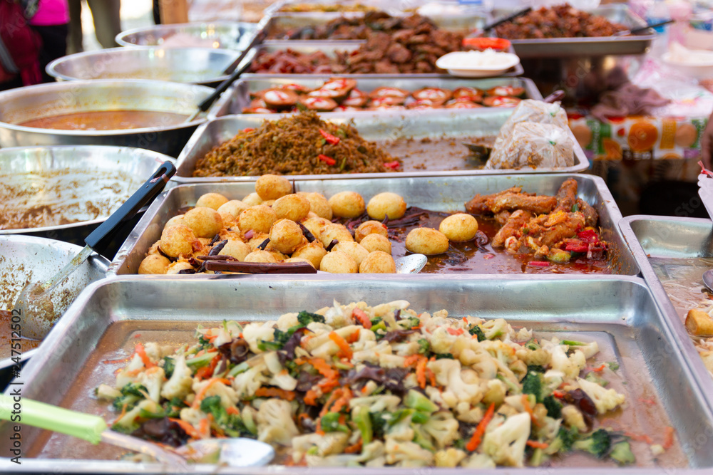 Thai street foods, Thai foods style Rice and Curry at market Bangkok of Thailand.