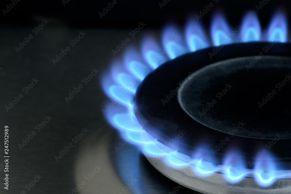 Natural gas burning on kitchen gas stove on black Natural gas burning on kitchen gas stove on black