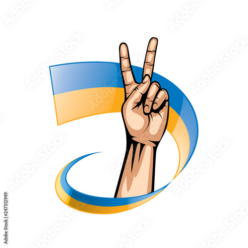 Ukraine flag and hand on white background. Vector illustration