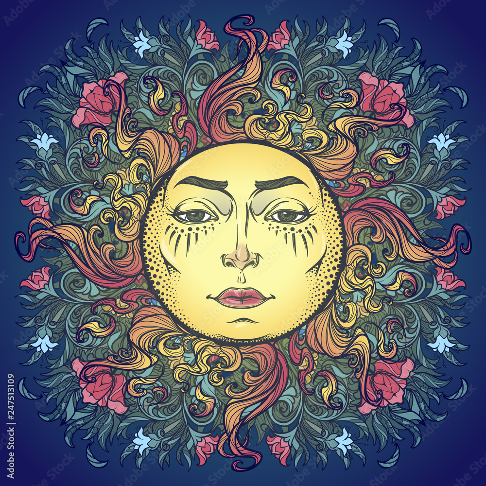 Decorative composition with stylized human faced sun, red poppies and bluebells. Medieval gothic style hand drawing isolated on a dark blue background. EPS10 vector illustration