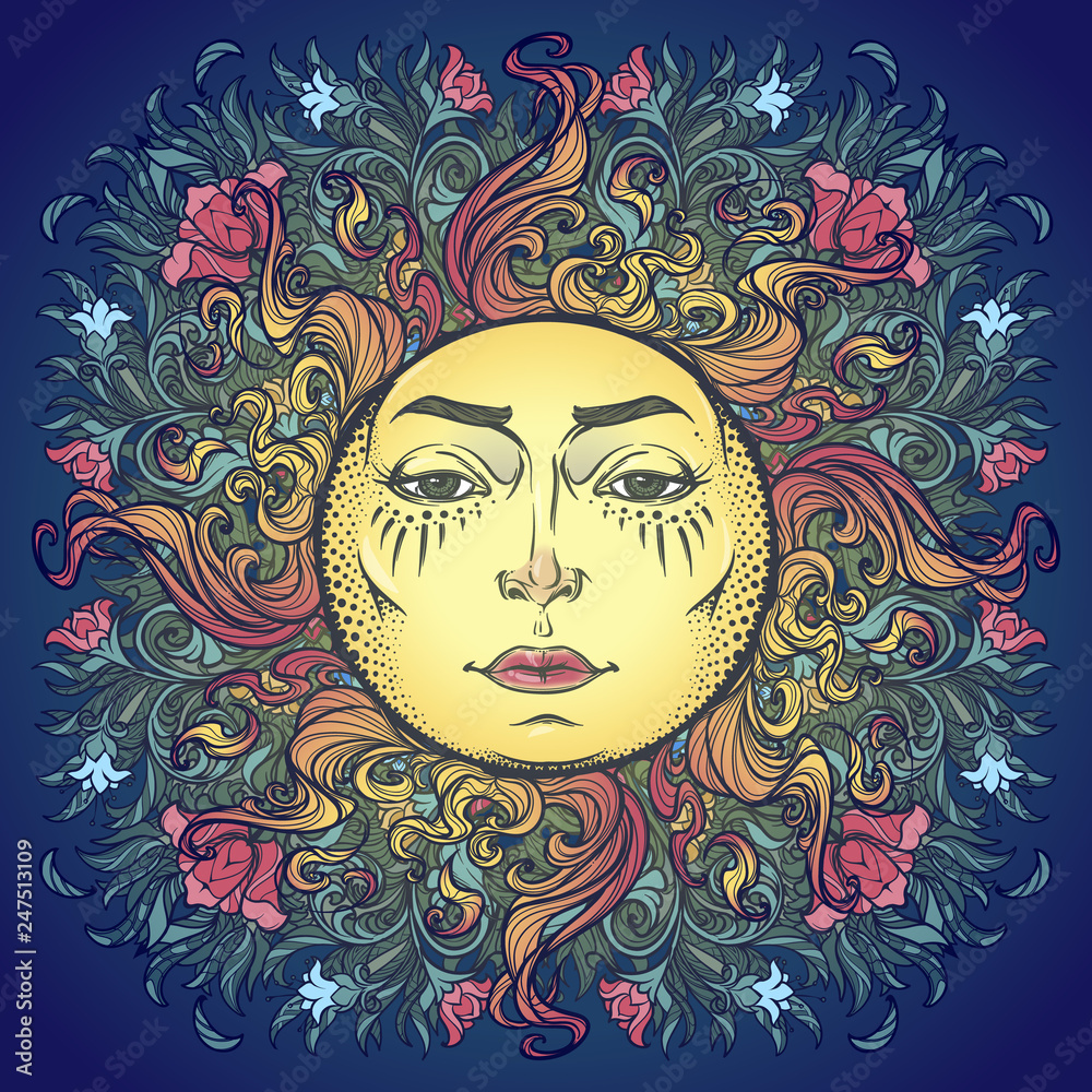 Decorative composition with stylized human faced sun, red poppies and bluebells. Medieval gothic style hand drawing isolated on a dark blue background. EPS10 vector illustration Decorative composition with stylized human faced sun, red poppies and bluebells. Medieval gothic style hand drawing isolated on a dark blue background. EPS10 vector illustration
