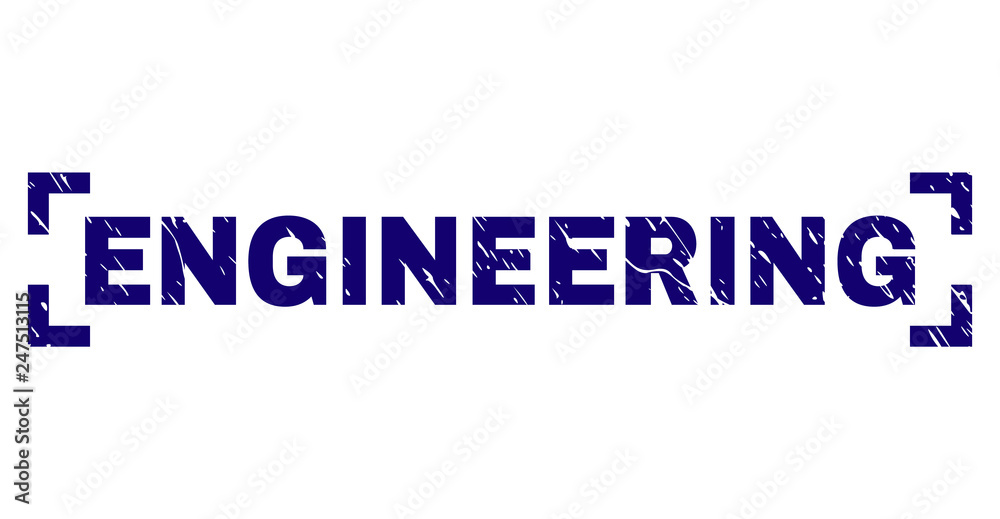 ENGINEERING text seal print with corroded texture. Text title is placed inside corners. Blue vector rubber print of ENGINEERING with dust texture.