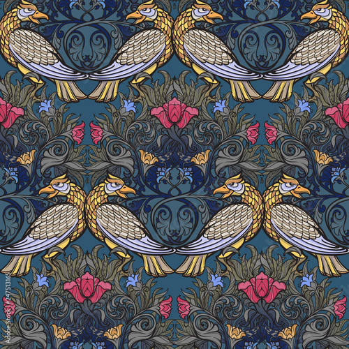 Decorative flower composition with stylized red poppies, bluebells and birds. Medieval gothic style seamless pattern. EPS10 vector illustration