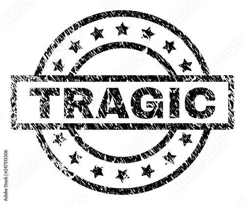 TRAGIC stamp seal watermark with distress style. Designed with rectangle, circles and stars. Black vector rubber print of TRAGIC title with unclean texture.