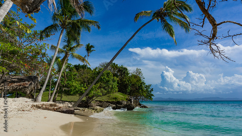Bacardi island - Isla Cayo Levantado, Strand mit Felsen Palmen, Atlantik, nördlich des Äquators
