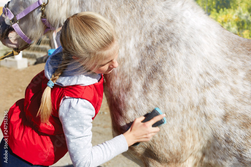 Girl grooming horse  in the outdoors. photo
