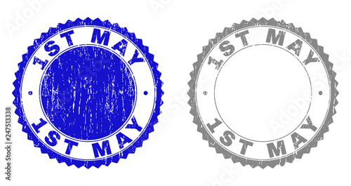 1ST MAY stamp seals with distress texture in blue and gray colors isolated on white background. Vector rubber imitation of 1ST MAY title inside round rosette. Stamp seals with unclean styles.