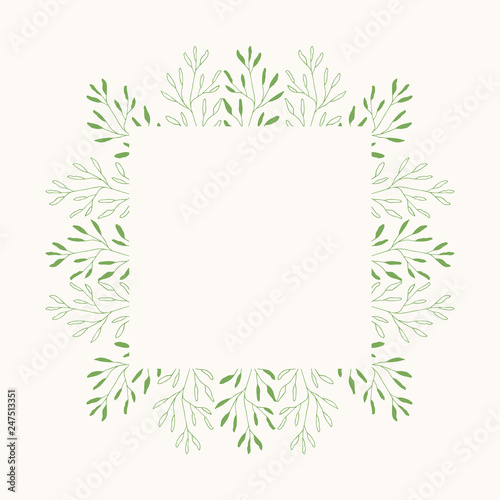 Summer frame with hand drawn leaves. Green squared border. Vector isolated illustration.