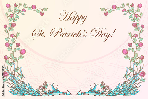 Pink clover in bloom and traditional celtic woven ornament on a background. St. Patrick's day festive design. EPS 10 vector illustration