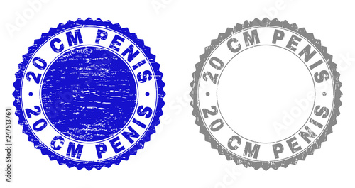 20 CM PENIS stamp seals with grunge texture in blue and grey colors isolated on white background. Vector rubber overlay of 20 CM PENIS label inside round rosette. Stamp seals with grunge textures.