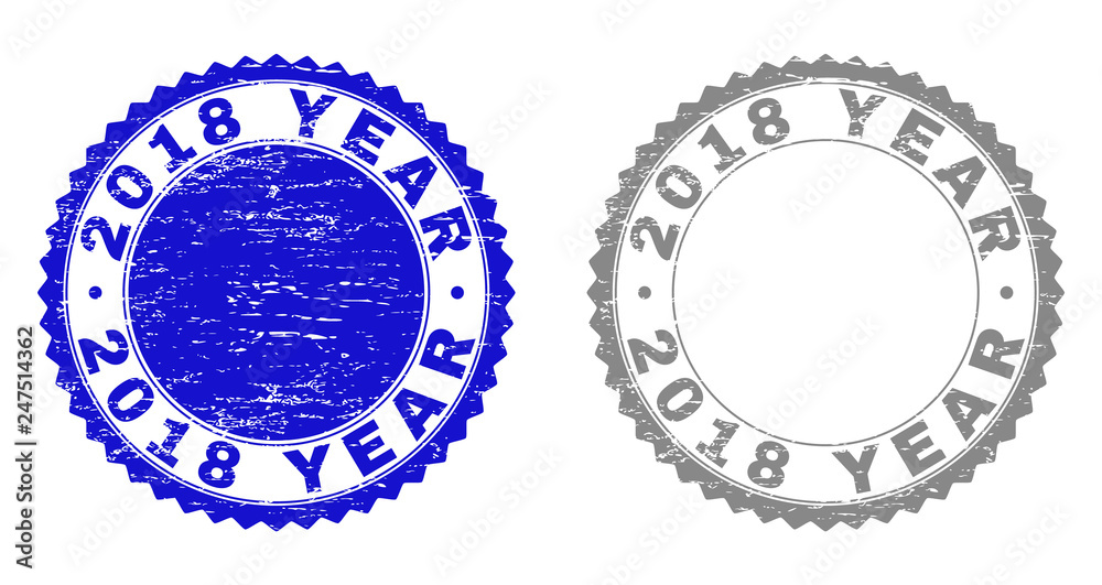 2018 YEAR stamp seals with grunge texture in blue and gray colors isolated on white background. Vector rubber imitation of 2018 YEAR label inside round rosette. Stamp seals with dust styles. 2018 YEAR stamp seals with grunge texture in blue and gray colors isolated on white background. Vector rubber imitation of 2018 YEAR label inside round rosette. Stamp seals with dust styles.