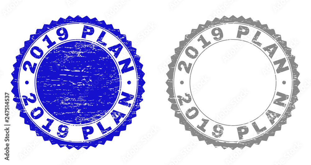 2019 PLAN stamp seals with grunge texture in blue and grey colors isolated on white background. Vector rubber imitation of 2019 PLAN caption inside round rosette. Stamp seals with grunge textures. 2019 PLAN stamp seals with grunge texture in blue and grey colors isolated on white background. Vector rubber imitation of 2019 PLAN caption inside round rosette. Stamp seals with grunge textures.