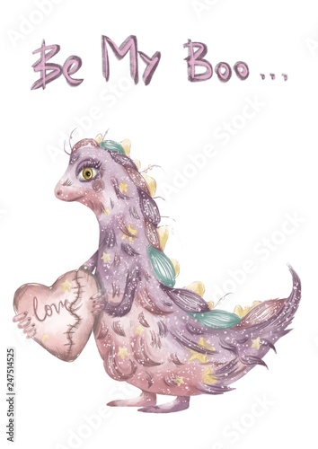 Valentines Day Greeting Card. Cute Shining Pink and Purple Dragon Monster with a Heart in the Hands on the White Flat Background with the words above.