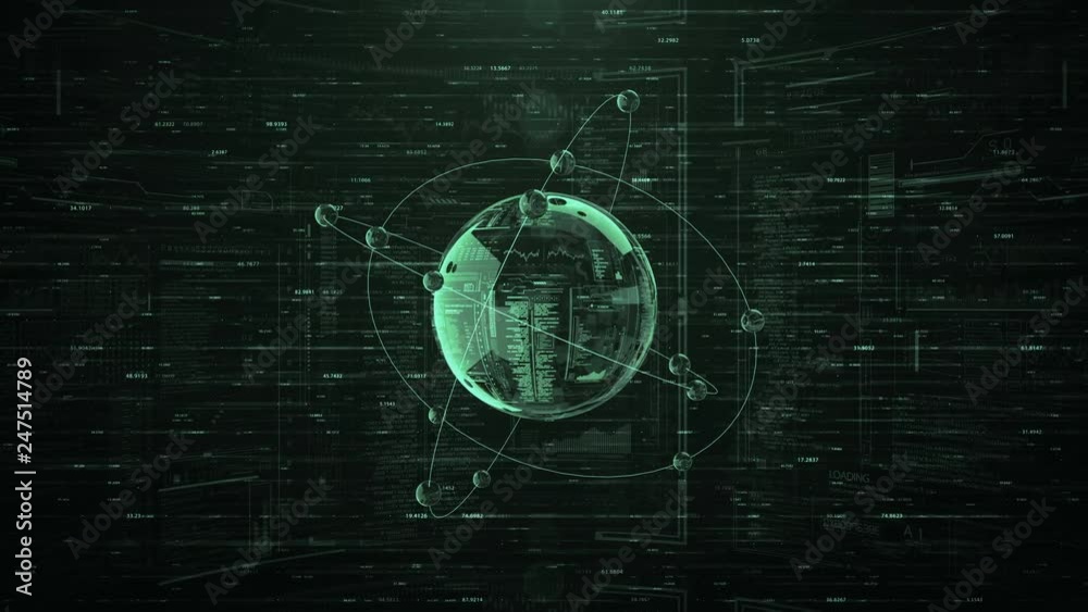 Futuristic HUD SciFi Intro.HUD spheres rotating around digital techno sphere.Cyberspace.Global planet connection.Artificial intelligence interface with infographic display.Green.