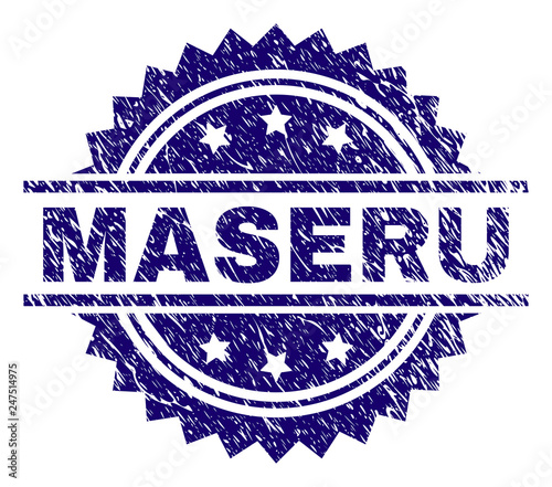 MASERU stamp seal watermark with distress style. Blue vector rubber print of MASERU title with unclean texture.