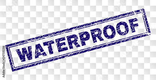 WATERPROOF stamp seal print with rubber print style and double framed rectangle shape. Stamp is placed on a transparent background. Blue vector rubber print of WATERPROOF label with scratched texture.