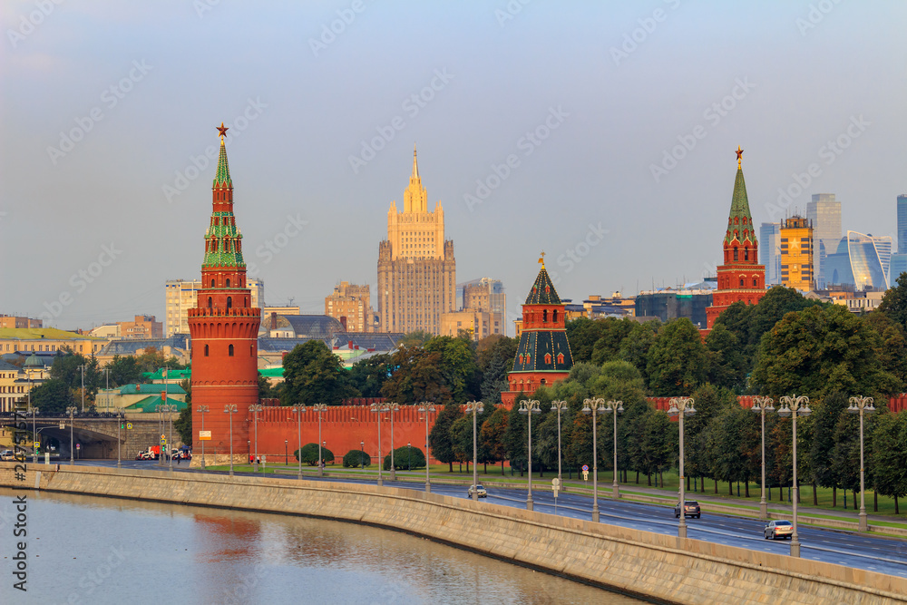 Kremlevskaya embankment against towers and walls of Moscow Kremlin. Moscow historical center landscape