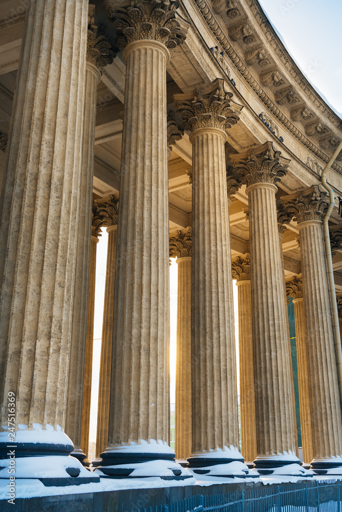 Colonnade with sunset light of Kazan Cathedral in Saint Petersburg, Russia