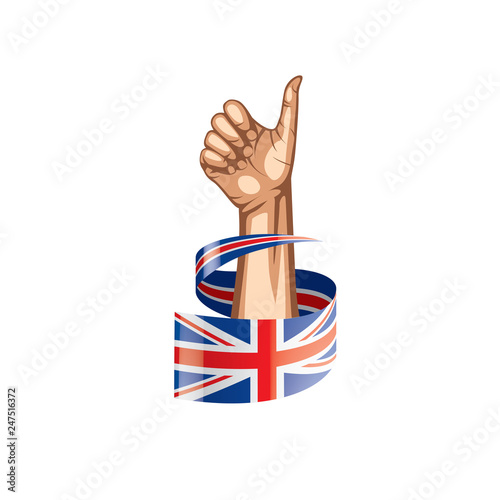 United Kingdom flag and hand on white background. Vector illustration