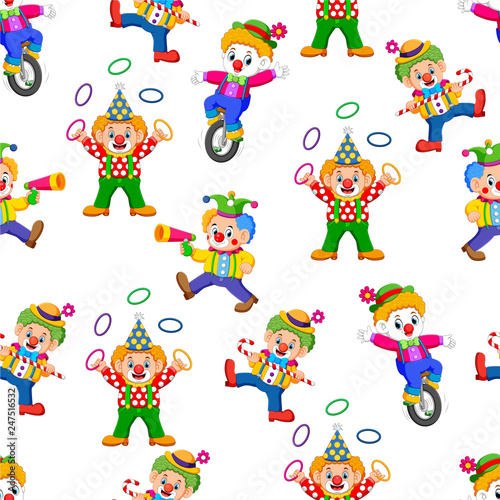 Seamless pattern with clown entertaining people 