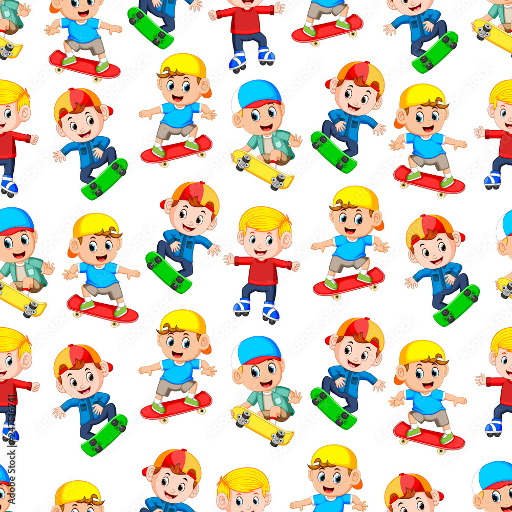 Seamless pattern with happy boys playing skateboard Seamless pattern with happy boys playing skateboard