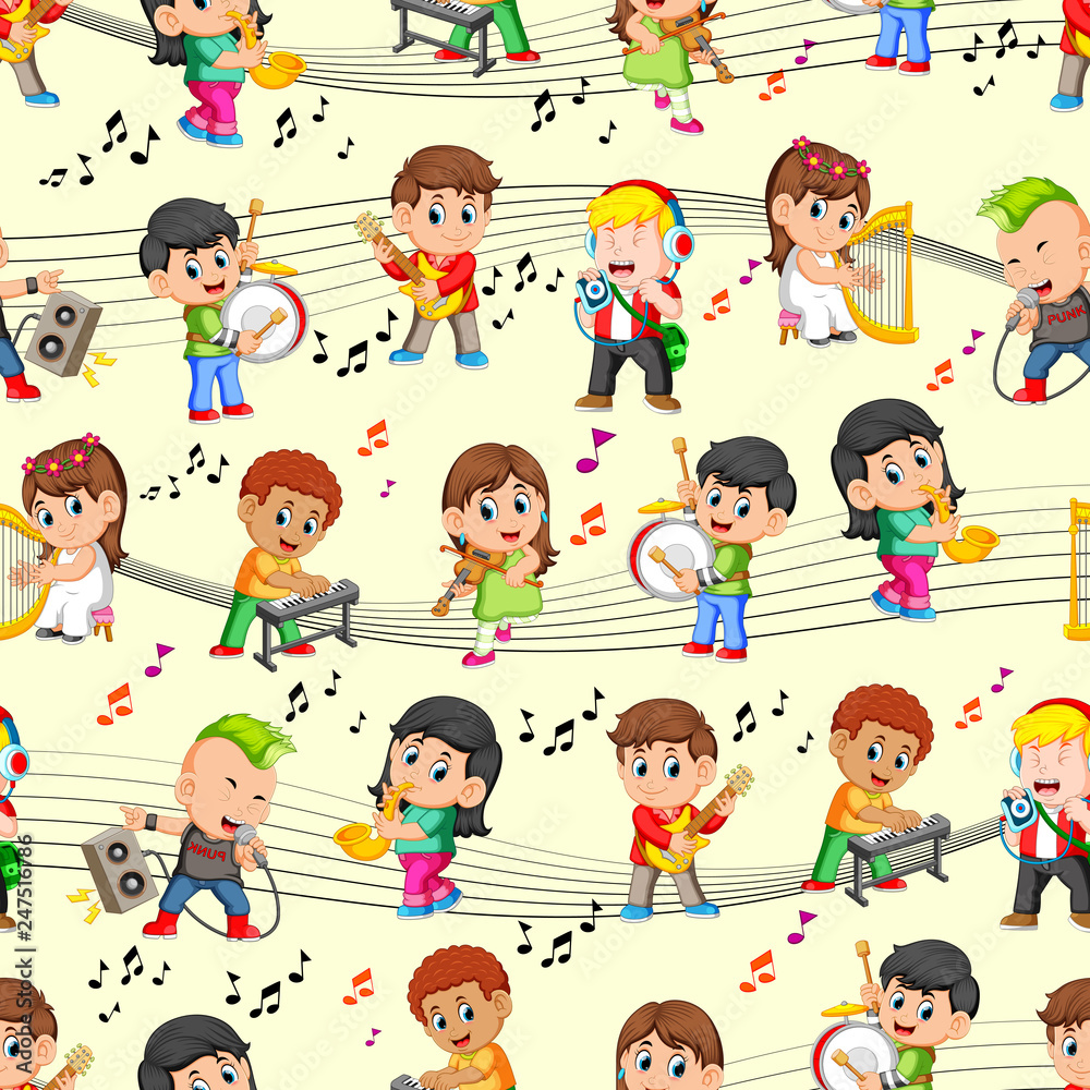 Seamless pattern with happy childrens playing music