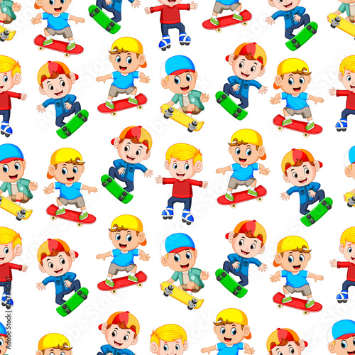 Seamless pattern with happy boys playing skateboard