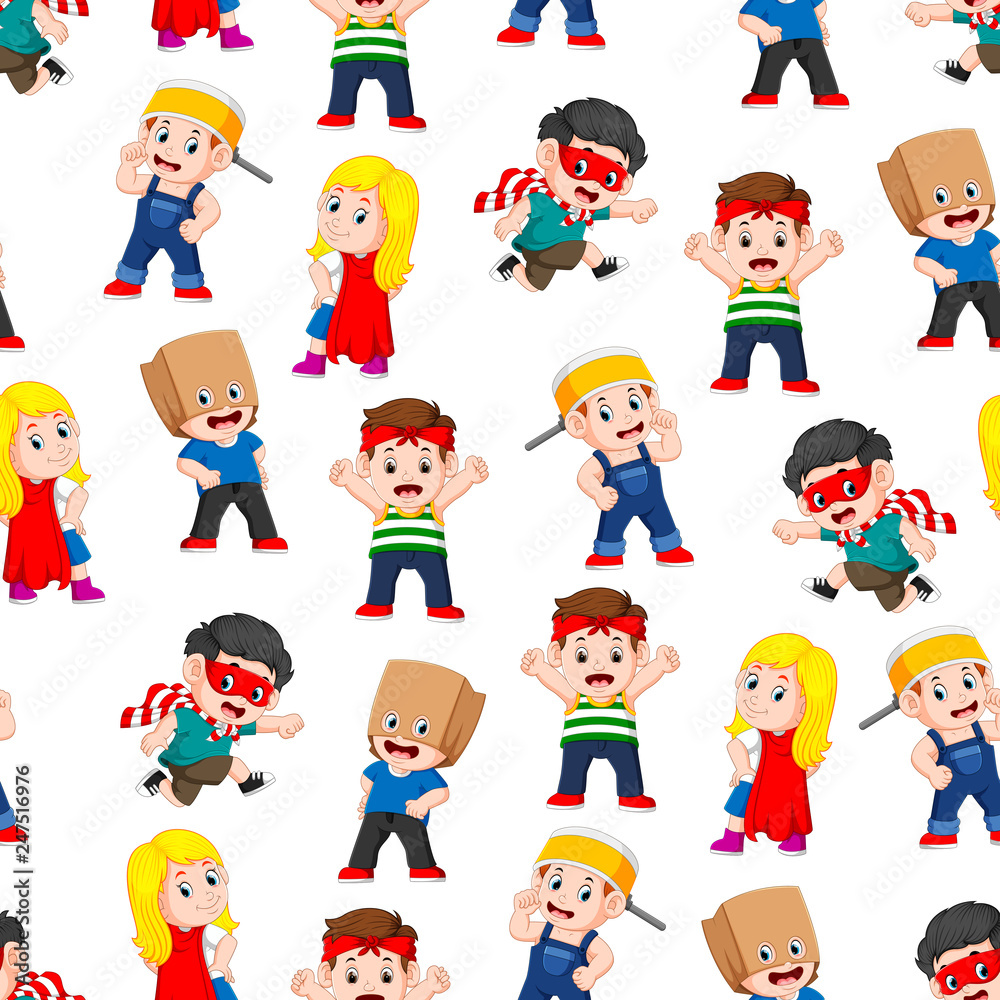 Seamless pattern with children posing like the super heroes
