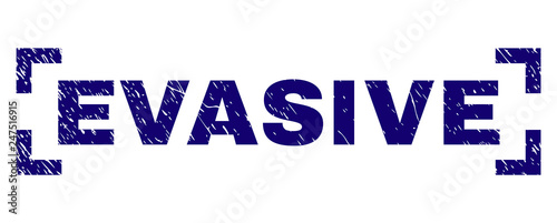 EVASIVE caption seal print with distress texture. Text caption is placed between corners. Blue vector rubber print of EVASIVE with scratched texture.
