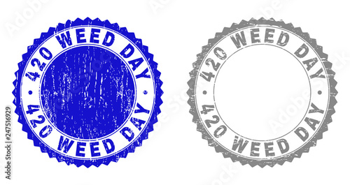 420 WEED DAY stamp seals with grunge texture in blue and grey colors isolated on white background. Vector rubber overlay of 420 WEED DAY text inside round rosette. Stamp seals with grunge styles.